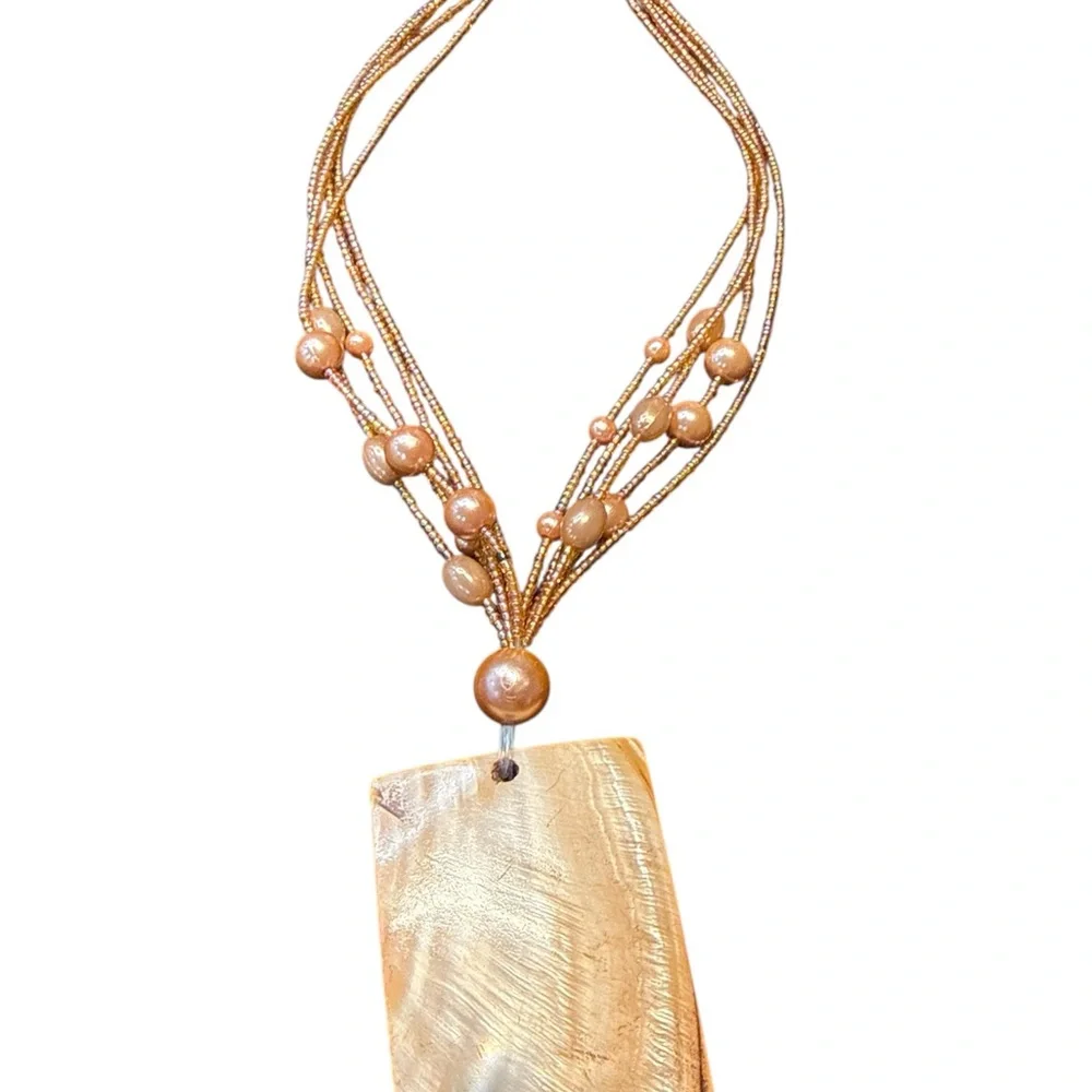 Multi-Strand Gold Beaded Necklace with Mother-of-Pearl Pendant - Picture 2 of 4